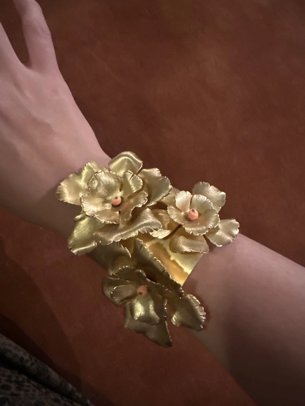 Citrine brass flower cuff bracelet and ring